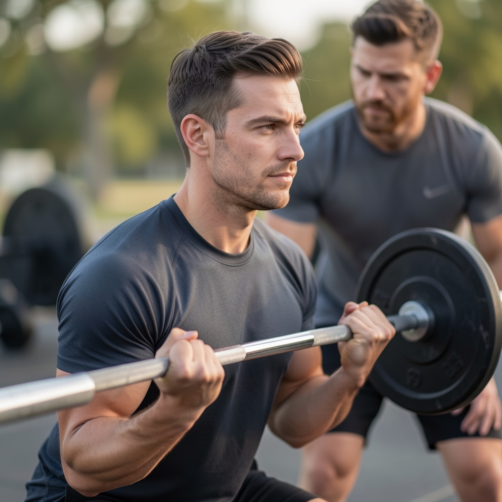 Experienced male trainee performing a controlled barbell deadlift with a coach observing form