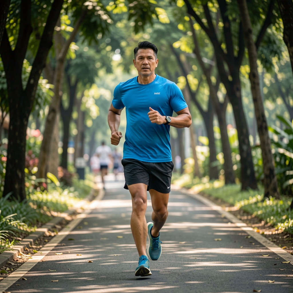 Male runner over 35 moving along a shaded Jakarta path during an easy endurance session