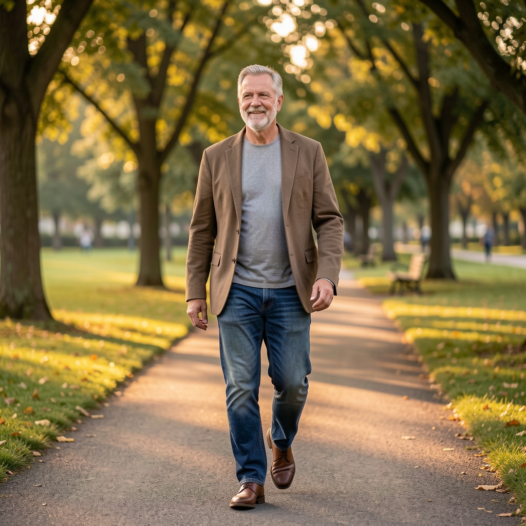 Middle-aged man taking a relaxed evening walk through a quiet Central Jakarta park after work