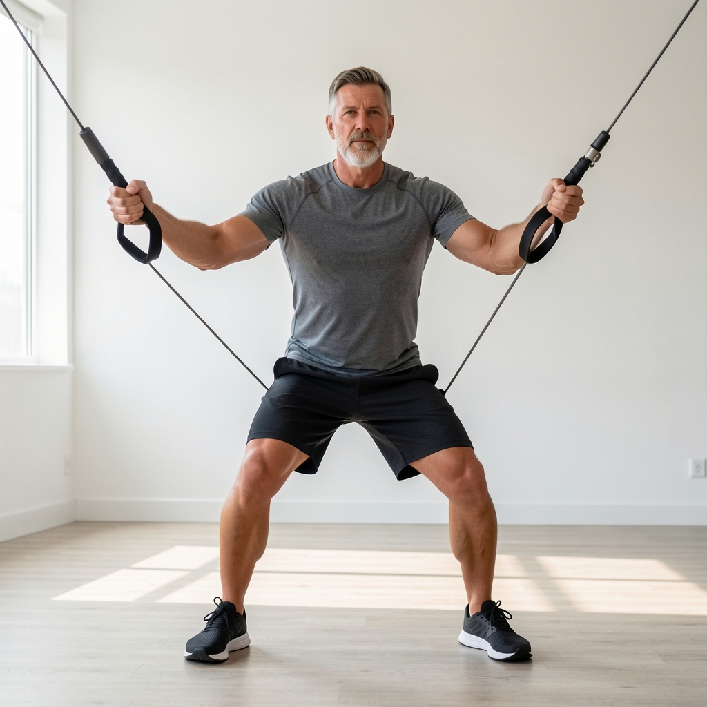 Man aged over 35 performing a balanced functional training exercise with resistance cables in a clean studio