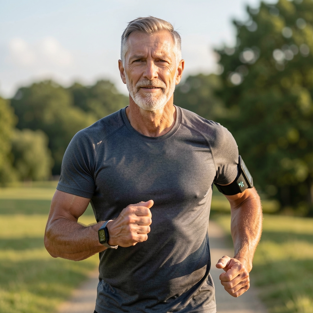 Close view of a mature athlete wearing a heart rate monitor during a controlled outdoor run