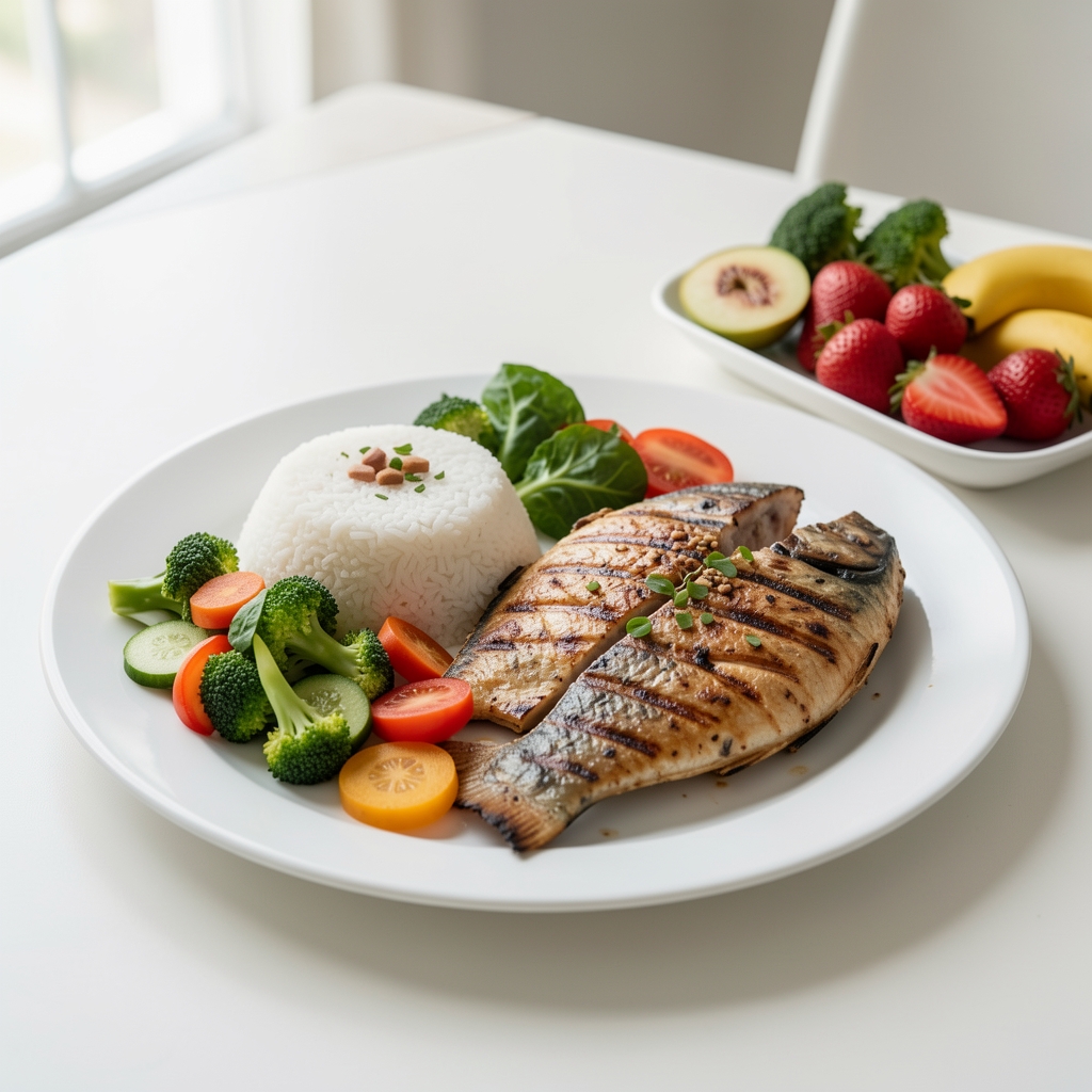 Balanced Indonesian meal with rice, vegetables, grilled fish and fresh fruit arranged on a bright table