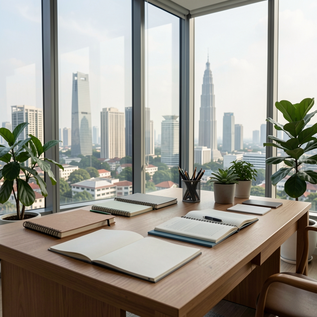 Quiet modern Ijanos editorial workspace with notebooks, plants and views of Jakarta