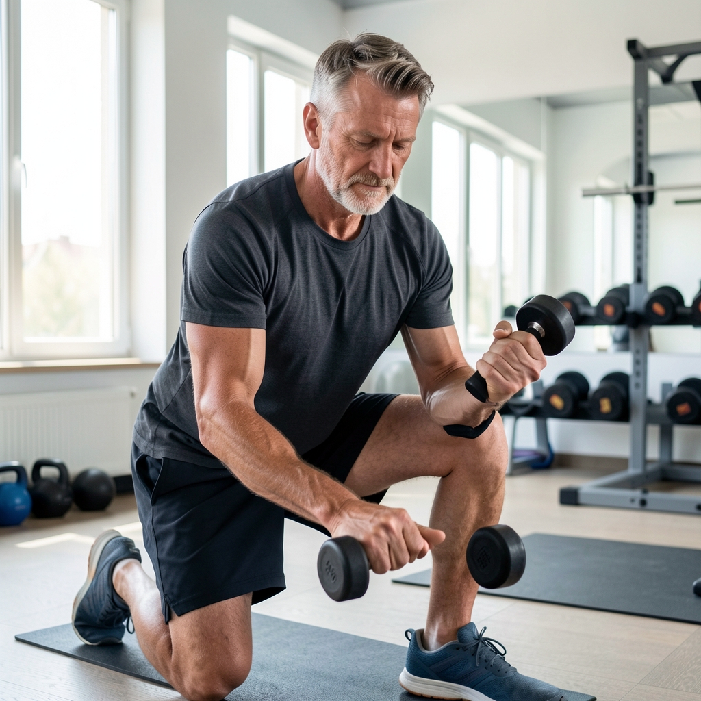 Middle-aged athlete preparing a light dumbbell strength session in a bright training room