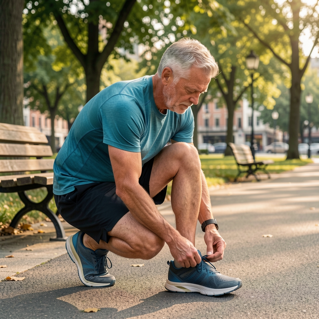 Mature recreational runner tying shoes beside a quiet city park before an easy session