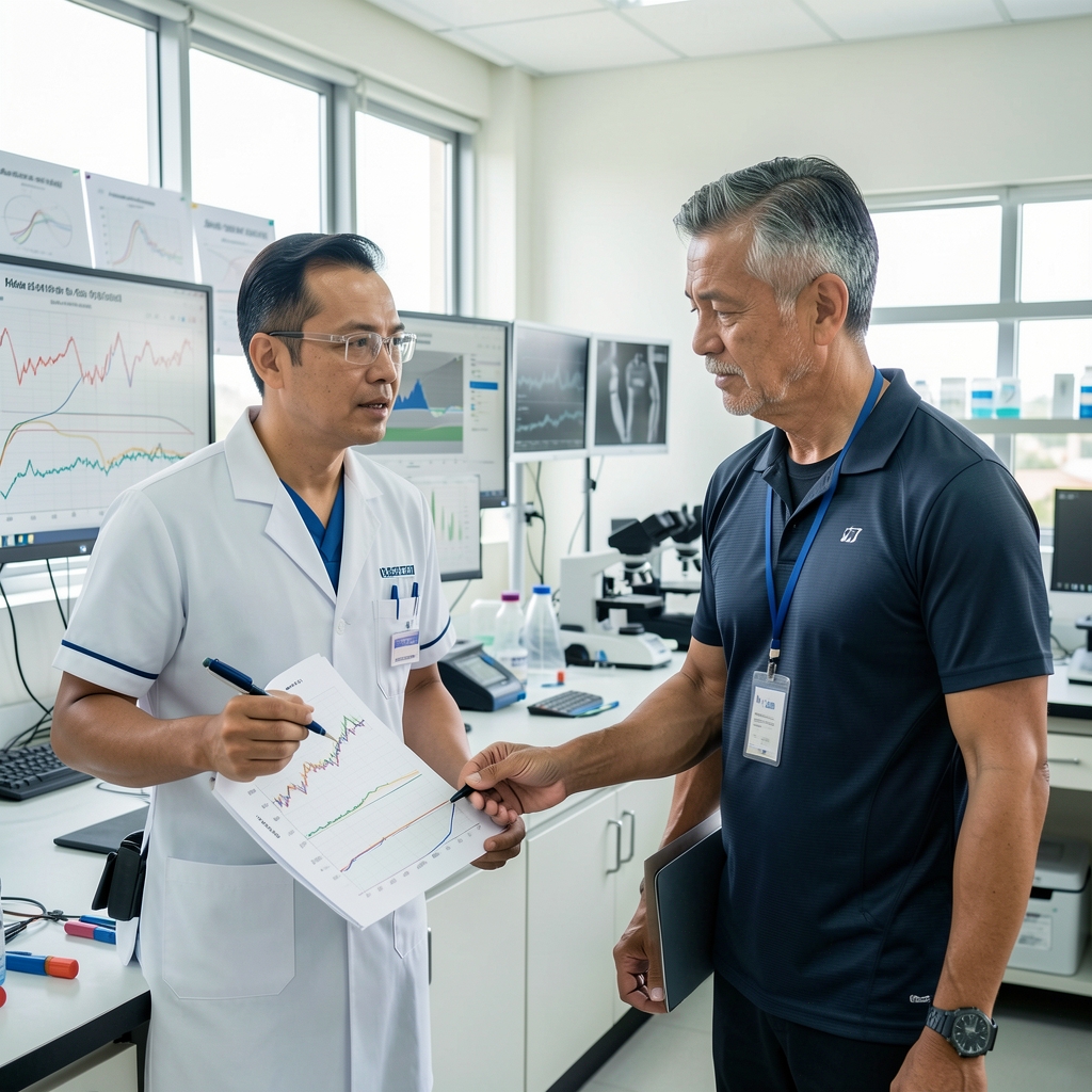 Sports scientist reviewing endurance testing charts with a mature recreational athlete in a bright Jakarta laboratory