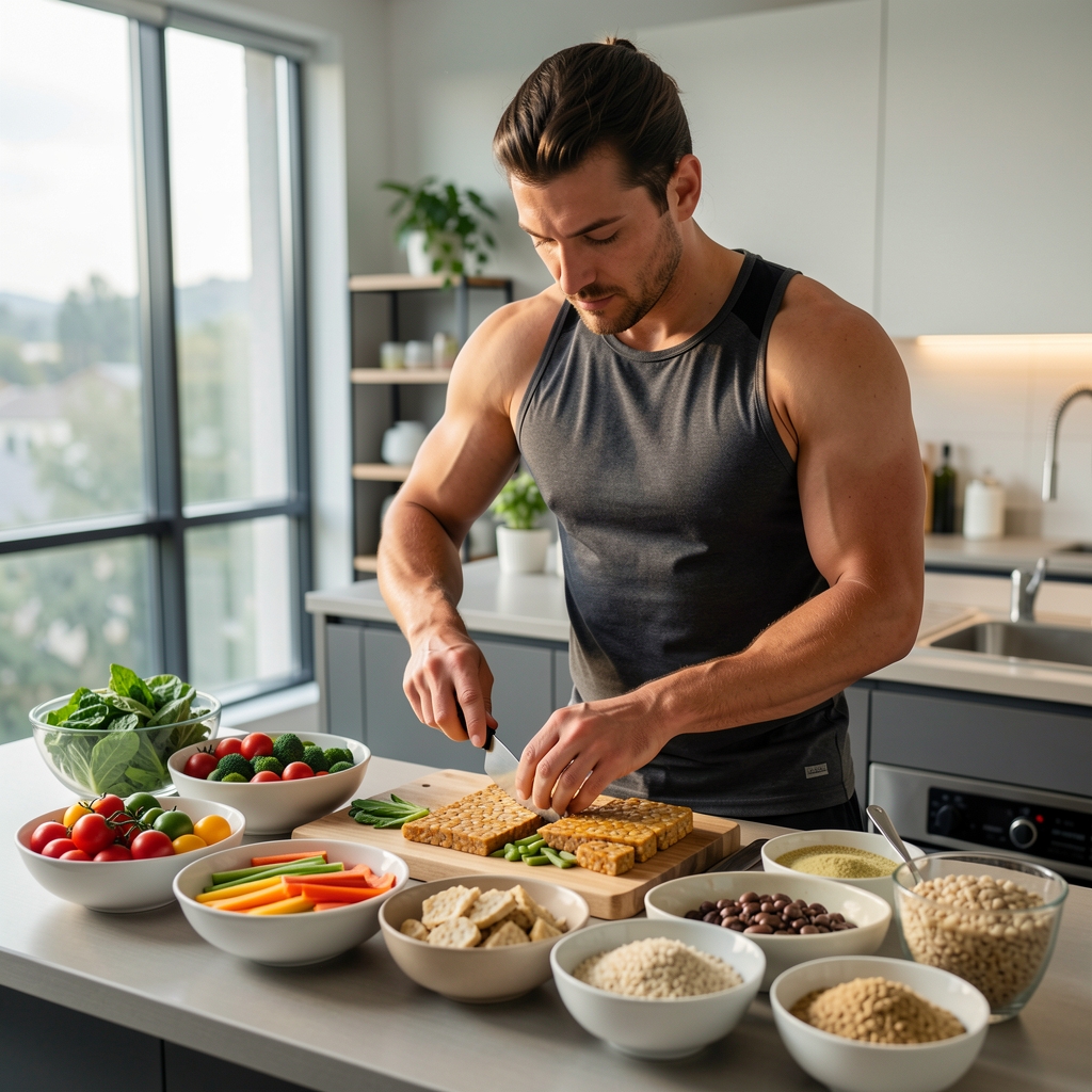 Adult athlete preparing colourful vegetables, tempeh and whole grains for several training-day meals