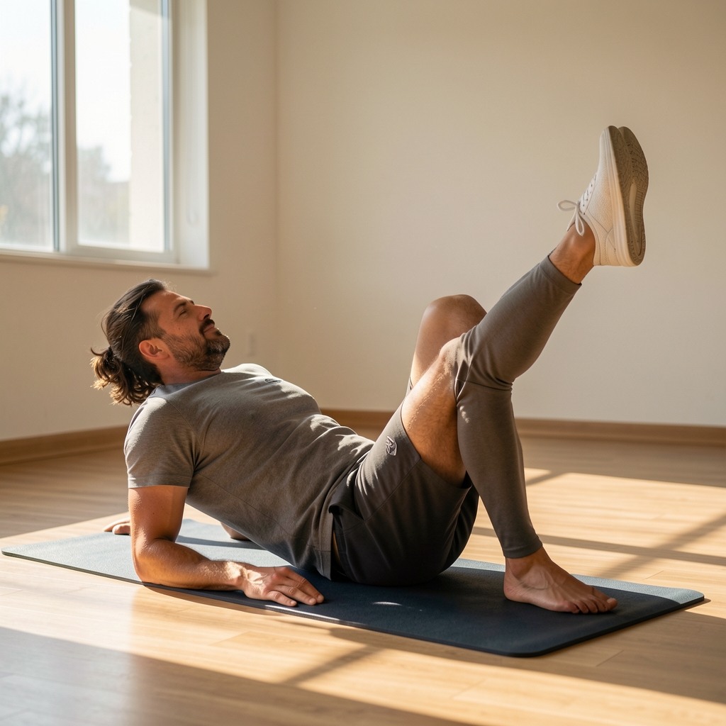 Experienced male trainee practising a controlled hip mobility drill on a mat in a sunlit studio