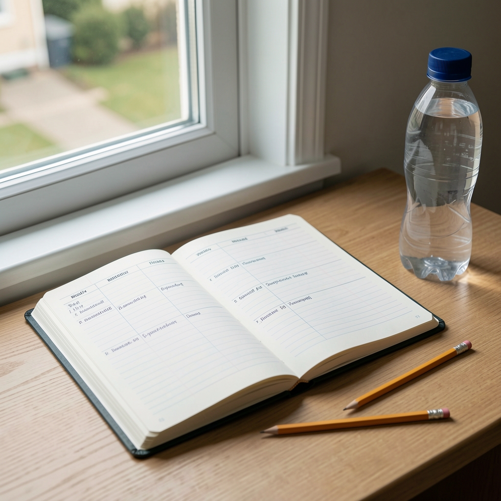 Open training notebook with weekly plan, pencil and water bottle beside a window
