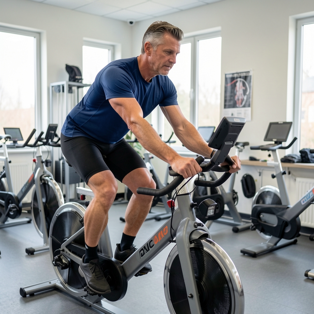 Male athlete in his forties undergoing careful bicycle ergometer testing in a sports science laboratory