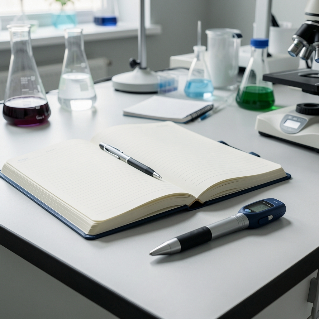 Open physiology notebook beside a pulse oximeter and training pen on a laboratory bench