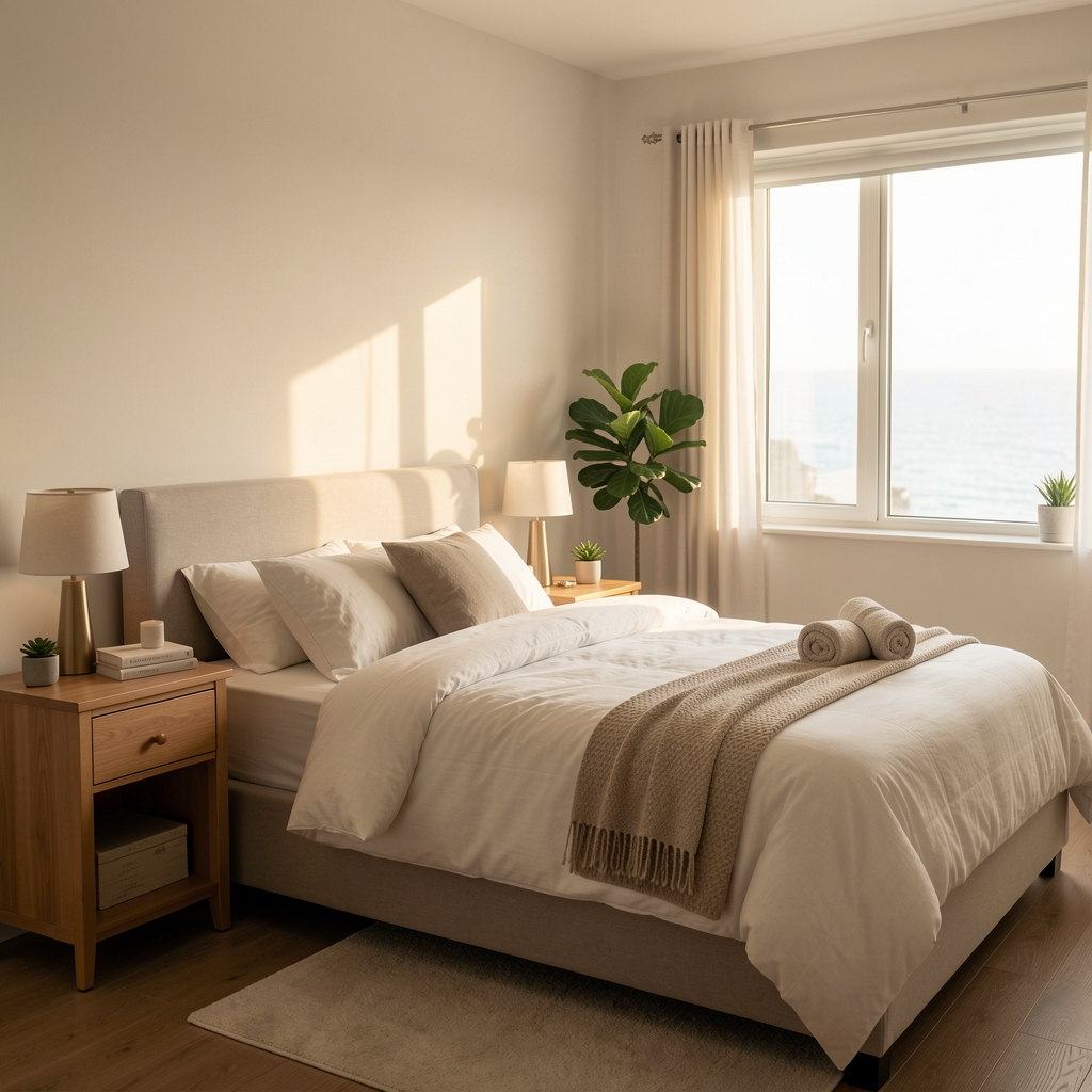 Calm bedroom with natural morning light prepared for a restorative sleep routine after training