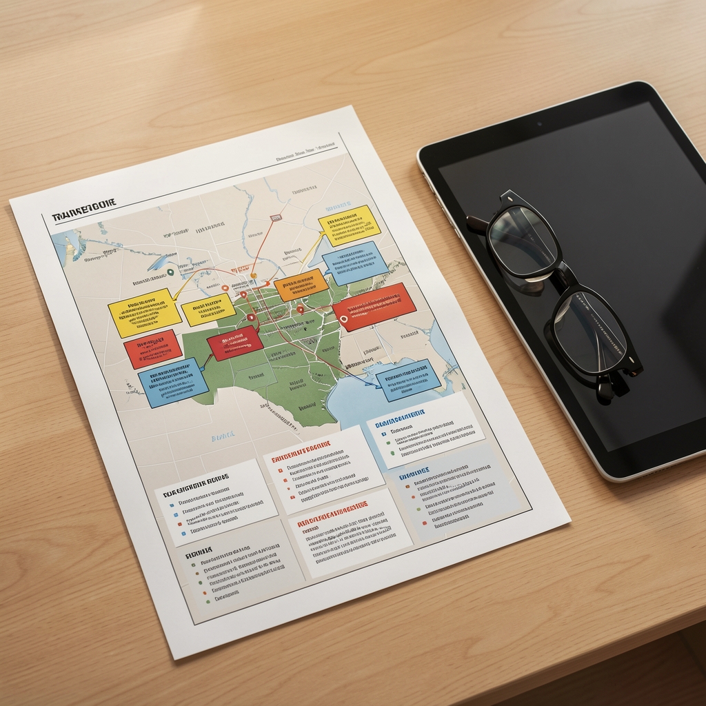 Printed training resource map with highlighted sections beside a tablet and reading glasses