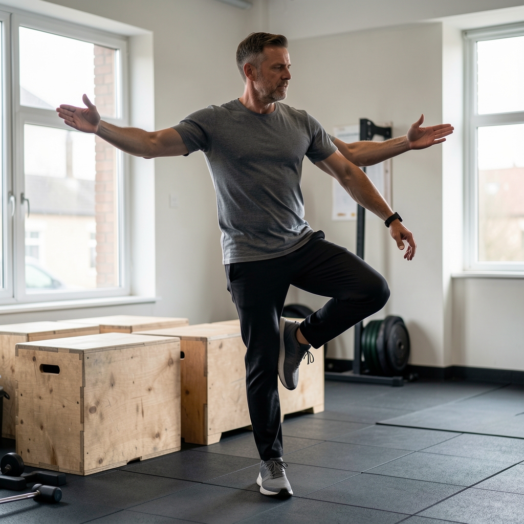 Man in his forties practising a stable single-leg balance exercise near wooden gym boxes