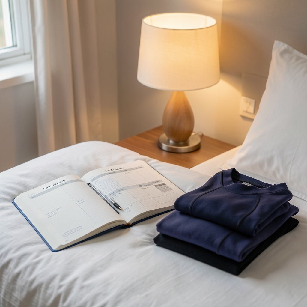 Open sleep and training journal beside a warm bedside lamp and folded athletic clothing