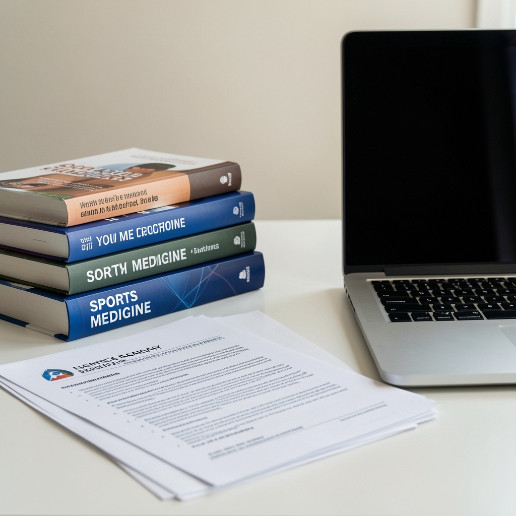 Stack of sports medicine books and printed research papers arranged beside a laptop