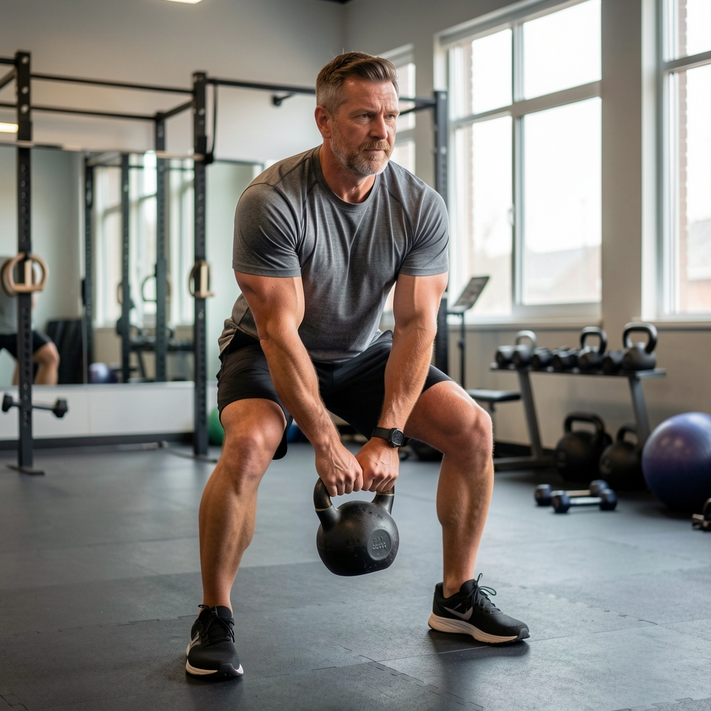 Man over 35 performing a controlled kettlebell movement in a functional training studio