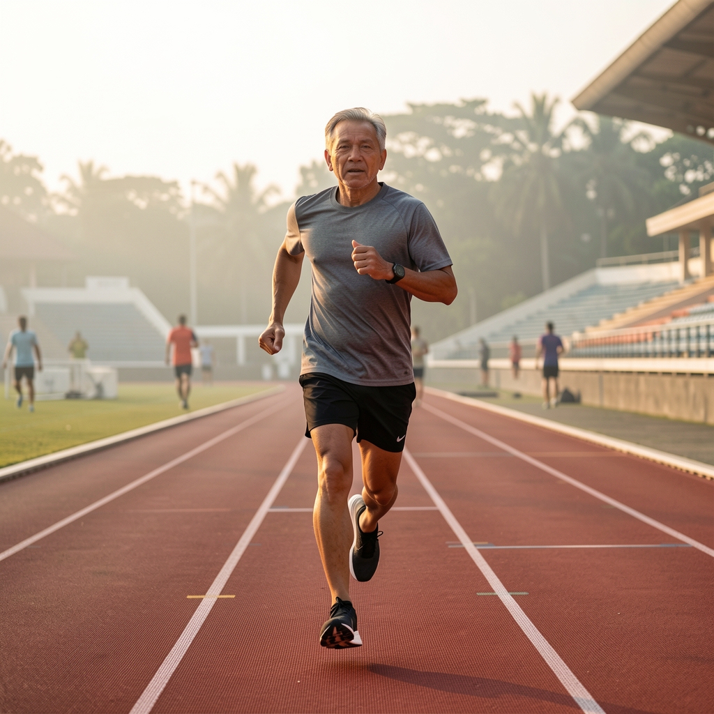 Mature runner completing an easy interval session on a Jakarta track at early morning